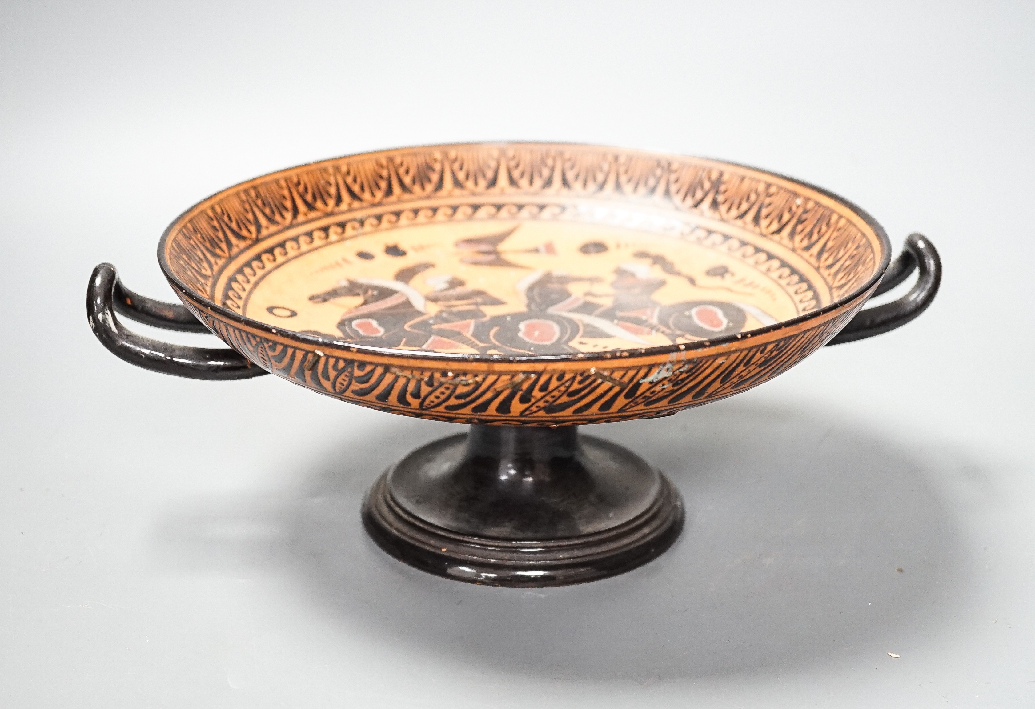 A Greek attic style kylix, a 19th century reproduction, 28cm, repairs